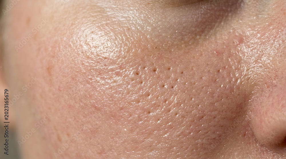 Fototapeta premium Extreme Close-up of Human Facial Skin Texture with Visible and Enlarged Pores, Demonstrating Common Skin Imperfections and Uneven Surface Detail