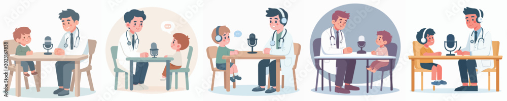 Fototapeta premium vector of a doctor doing a podcast with a small child