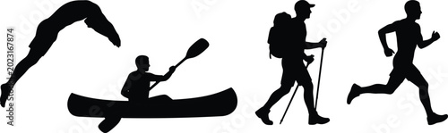 Fotografi Outdoor adventure silhouettes set including swimmer canoeist hiker and runner is