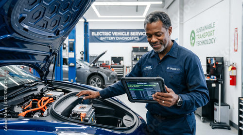 An experienced auto technician works on an electric vehicle, using a digital tablet to diagnose issues in a modern service bay, highlighting advanced automotive repair and sustainable technology.