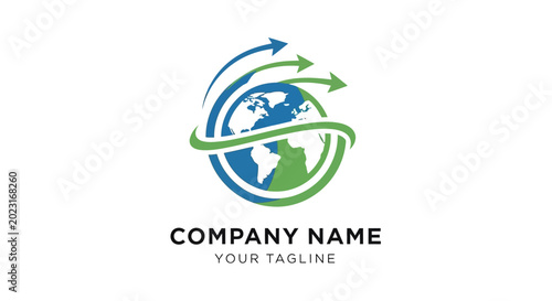 Global business logo with earth and arrows.