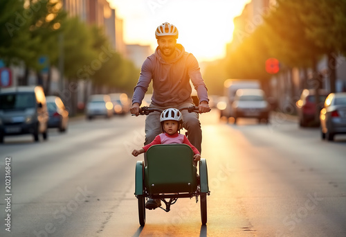 Father riding a bicycle with his toddler son in a sidecar during sunset.