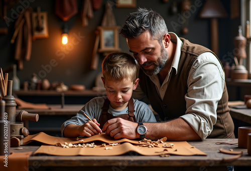 Father teaching son leatherworking in workshop with tools and material.