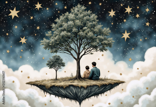 Man and child sitting under large tree on floating island surrounded by stars and clouds.