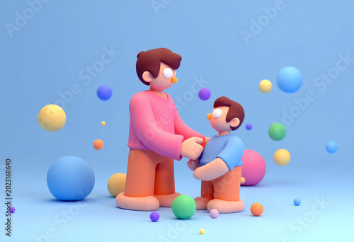 Minimalist clay style characters of father and son standing among floating colorful spheres.