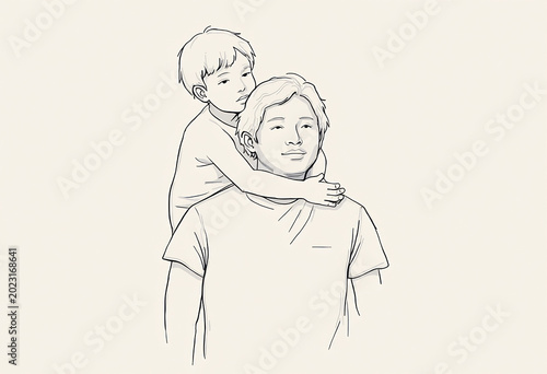 Minimalist line drawing of young boy giving his father piggyback ride against plain background.