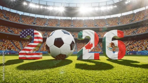 Three dimensional 2026 text with national flags of United States Canada and Mexico positioned on green grass in center of massive modern football stadium and football world cup 2026.