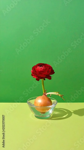 Red flower blooming from an onion in a glass bowl, green background