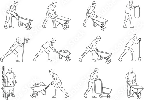 Collection of line of a person performing various tasks with wheelbarrows, shovel, and carrying a frame poses in clean minimal line drawing style
