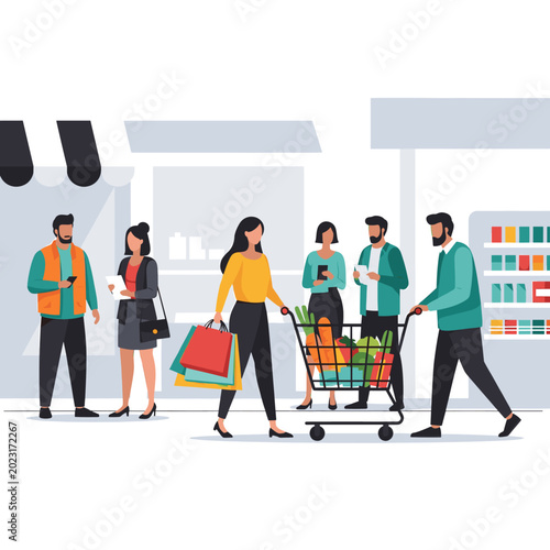 Fotografie A diverse group of people are shopping for groceries in a brightly lit supermarket with a full shopping cart