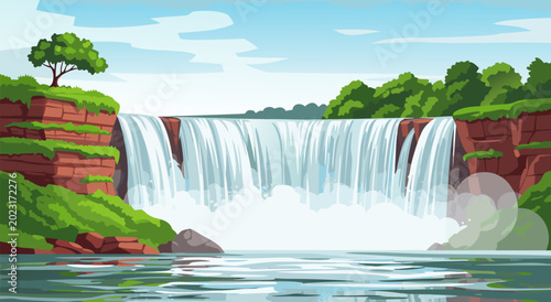 Photography Beautiful cascading waterfall in lush green forest, vibrant nature scene vector