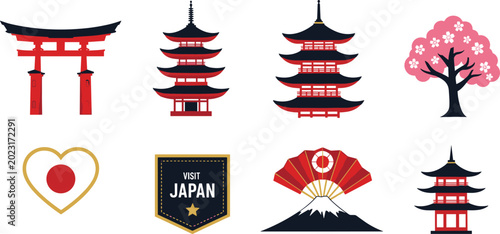 Japanese Culture and Landmark Vector Set Including Torii Gate, Pagodas, Cherry Blossom Tree, Mount Fuji, Fan, Heart Icon, Visit Japan Badge for Travel and Asian Design Projects