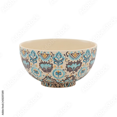 Decorative ceramic bowl, beige interior, patterned exterior, isolated on black