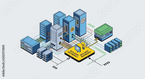 An isometric illustration of a data center with various servers and connections.