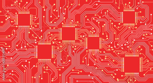 High tech electronic circuit board pattern with gold metallic traces and square microchips on a bright red background.