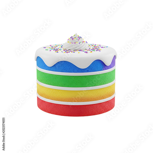 Colorful rainbow cake with white frosting and sprinkles a delicious dessert.