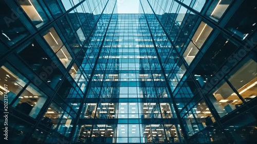 Modern glass skyscraper facade with illuminated windows, corporate building exterior perspective.