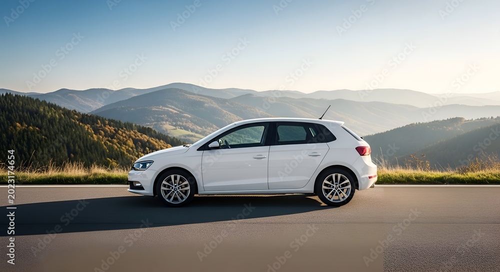 Obraz premium White compact hatchback car driving on scenic mountain road at golden hour