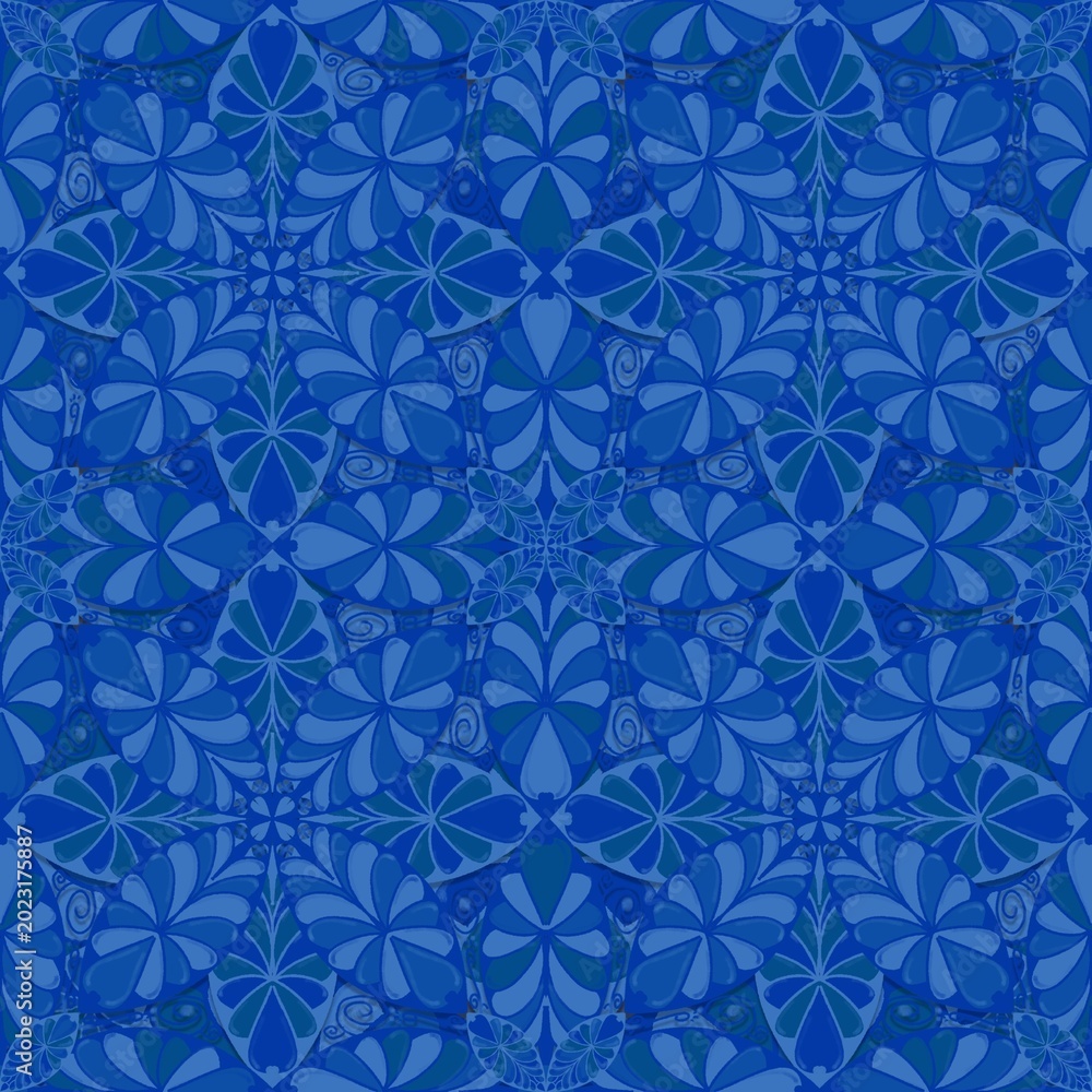 Fototapeta premium blue seamless pattern with snowflakes,blue curves ,painted create to flower shape,leaves,gray background in geometric patterns as sarong,fabric,tile,printed fabric,batik,tablecloth patterns.