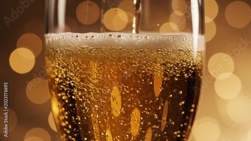 Sparkling golden champagne poured into glass, bubbles rising, bokeh background