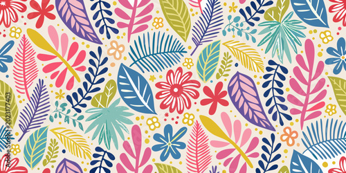 Foto Tropical botanical pattern with colorful leaves and flowers