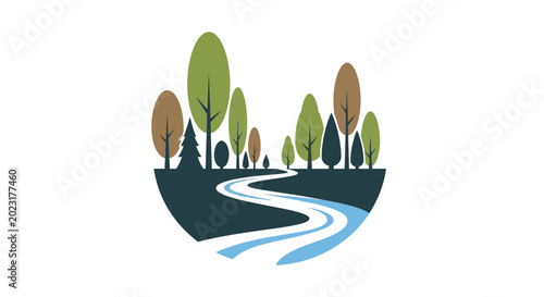 Foto Stylized River Landscape with Trees and Nature Elements