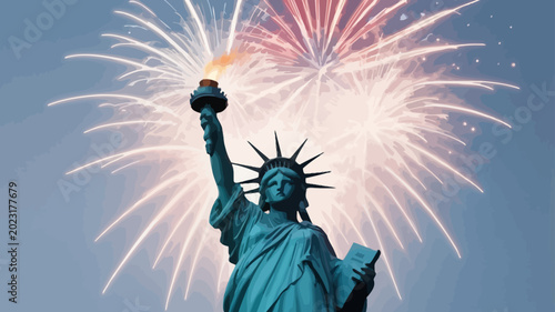 Obraz na płótnie Iconic Statue of Liberty illuminated by vibrant fireworks display over a clear b