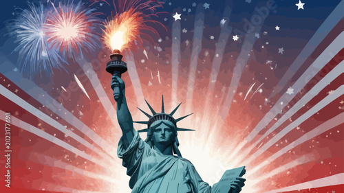 Foto Majestic Statue of Liberty Illuminated by Festive Fireworks Against a Patriotic