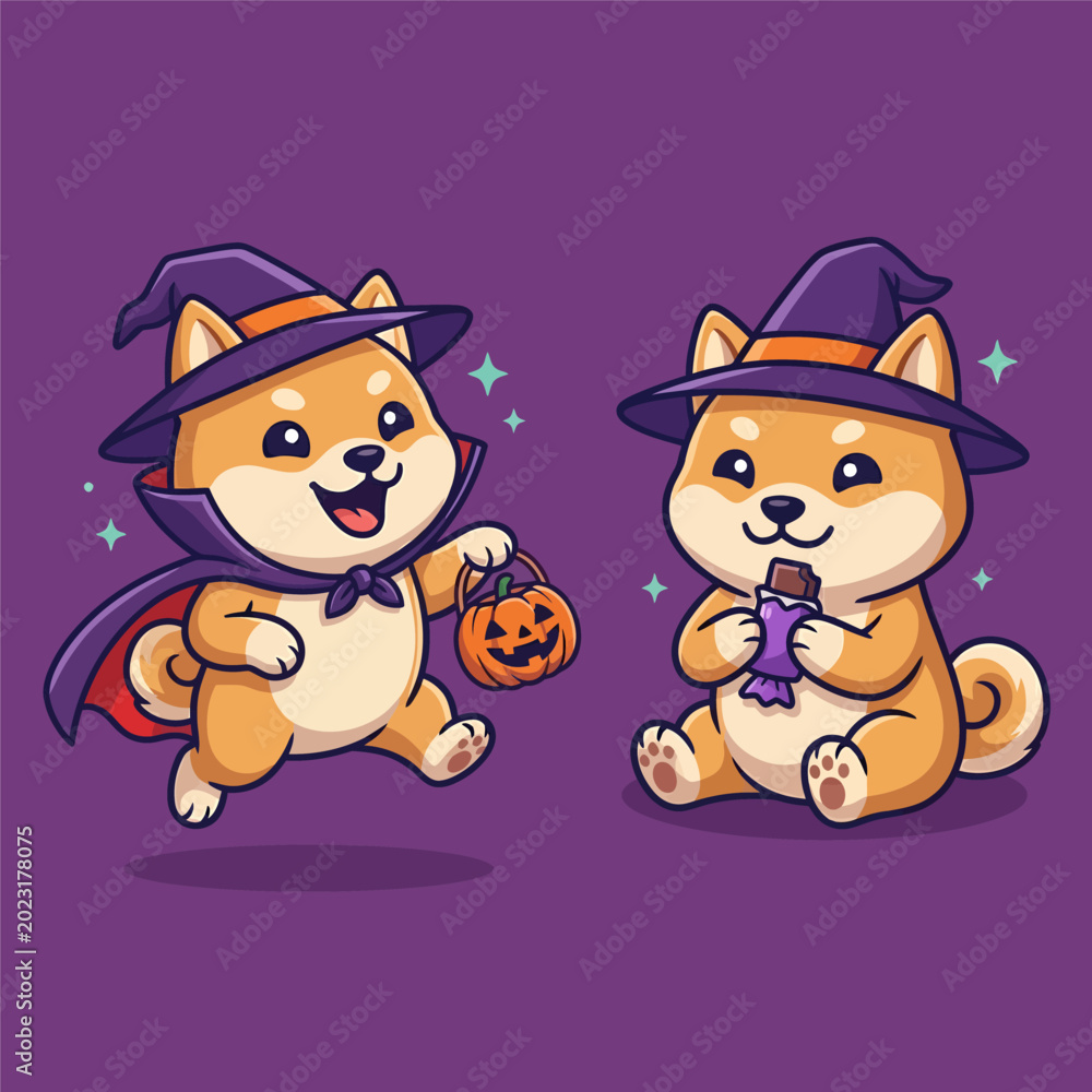 Fototapeta premium Two Cute Shiba Inu Dogs in Halloween Witch Costumes