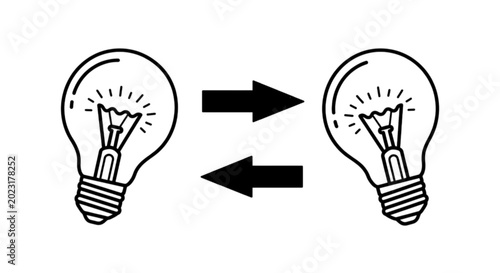 Simple concept vector image showing two identical lit lightbulbs with horizontal arrows pointing back and forth symbolizing exchange of creative brilliant ideas.