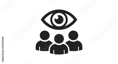 Konstfotografi Conceptual vector image of a large singular eye looking down upon a small group of three abstract people representing surveillance public oversight