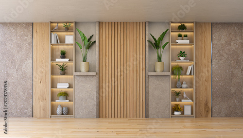 Obraz na płótnie 3D render of a tropical style interior backdrop featuring warm wood slats, textured stone walls, built-in shelving, and large green potted plants