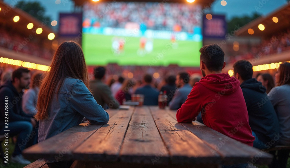Fototapeta premium Enjoying a soccer match on a large outdoor big screen.