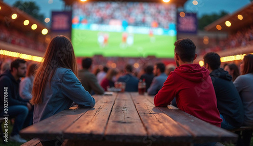 Enjoying a soccer match on a large outdoor big screen.