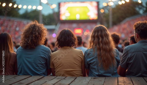 Enjoying a soccer match on a large outdoor big screen.