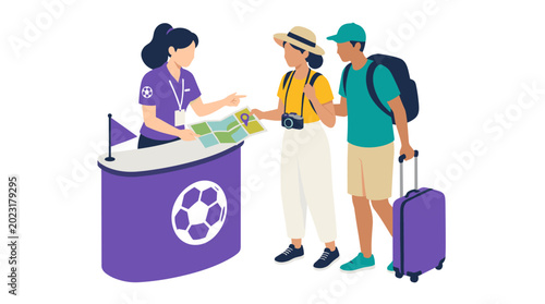 Group of travelers planning trip with guide.