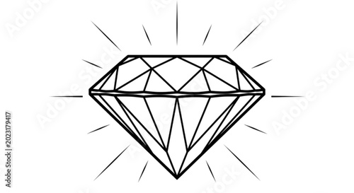 Simple black and white line art vector image illustration of a sparkling brilliant cut diamond crystal gem with shining light rays around it