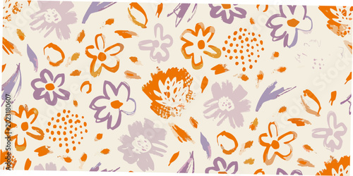 Fotografie Floral pattern with loose painterly flowers and orange accents