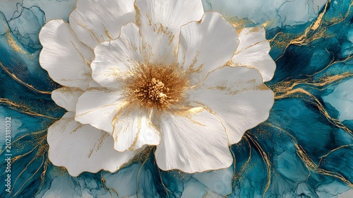 Modern resin art flower with shimmering gold accents, white layered petals, teal ocean-inspired fluid movement, glossy finish, contemporary abstract artwork.