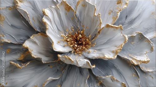 3D sculpted abstract flower canvas art, layered ivory petals with golden edges, fluid acrylic textures, luxurious contemporary interior artwork.