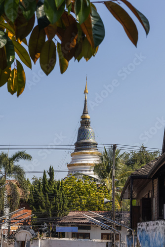 Vászonkép A golden Thai chedi rises above palm trees and residential buildings, showcasing traditional Buddhist architecture in a tropical town setting