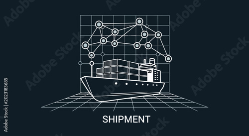 Infographic illustration of cargo ship with network connections.