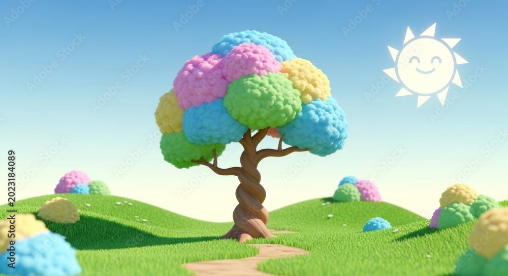 Naklejka premium Whimsical Landscape with Colorful Fantasy Tree and Happy Cartoon Sun