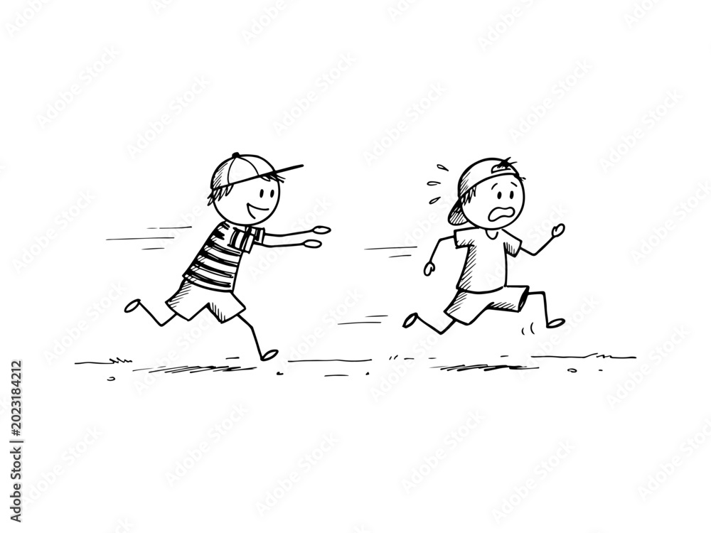 Fototapeta premium A simple black and white hand-drawn illustration showing two children running and playing a game of tag, capturing childhood energy and fun.