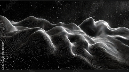 Abstract grayscale landscape of digital mountains in space.  Possible use Background for technology, science, or astronomy presentations