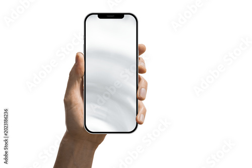Phone in a hand on a transparent background in PNG format with a glass glare effect.