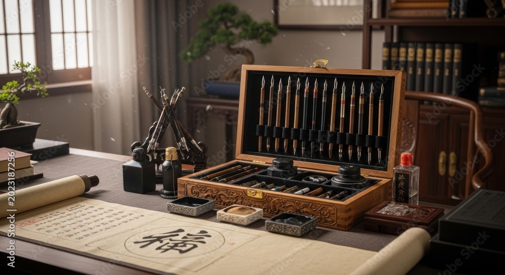 Fototapeta premium A traditional calligraphy set on a desk with a scroll