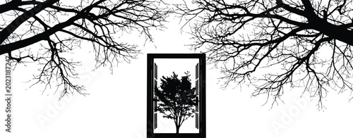 Surreal Silhouette of an Open Window Framed by Bare Tree Branches Vector Illustration
