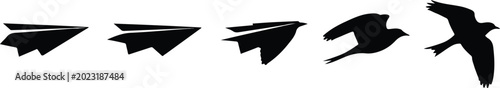 Conceptual Silhouette Sequence of a Paper Airplane Transforming Into a Flying Bird Vector Illustration