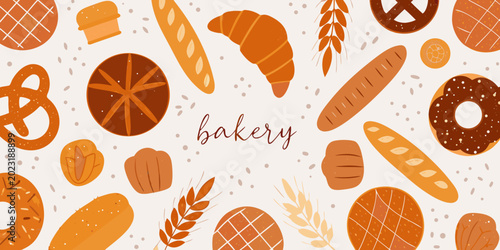 Konstfotografi bakery pattern with bread pastries and wheat stalks illustration